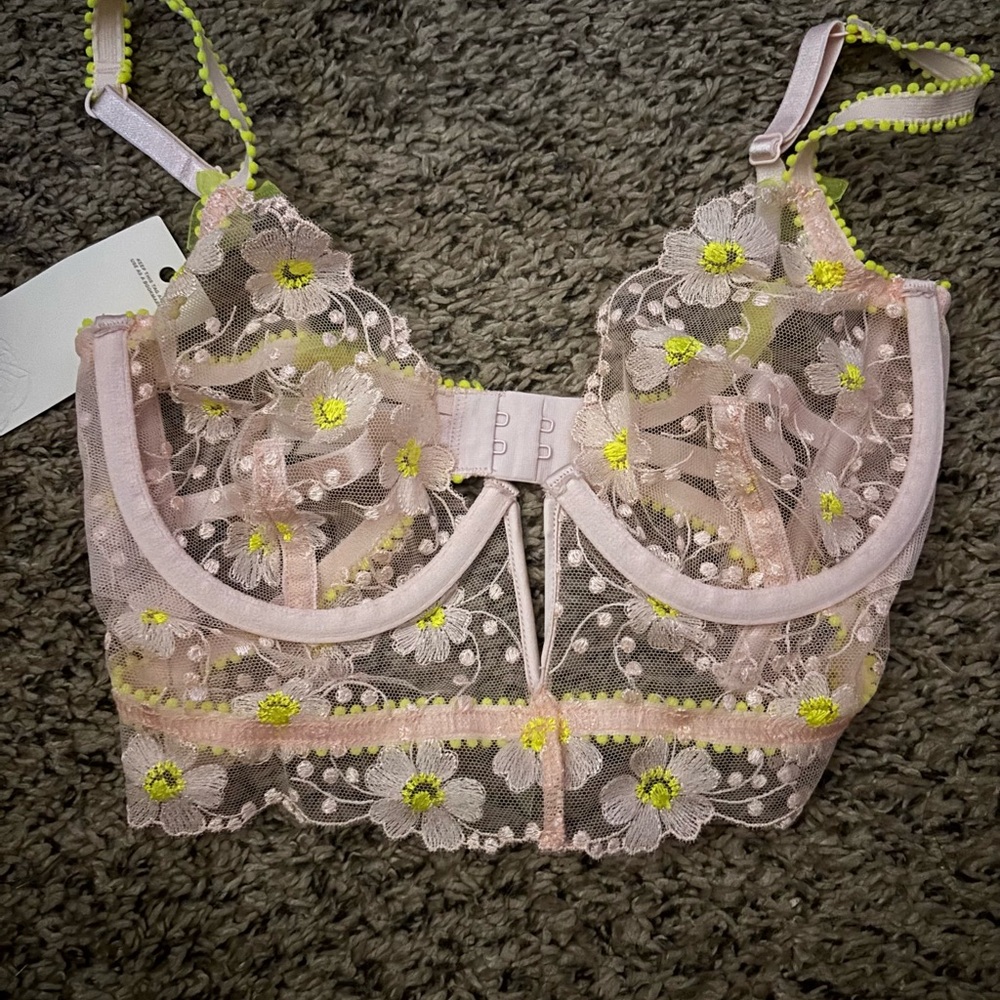 For Love And Lemons Floral Lace Bralette in Pink and Yellow